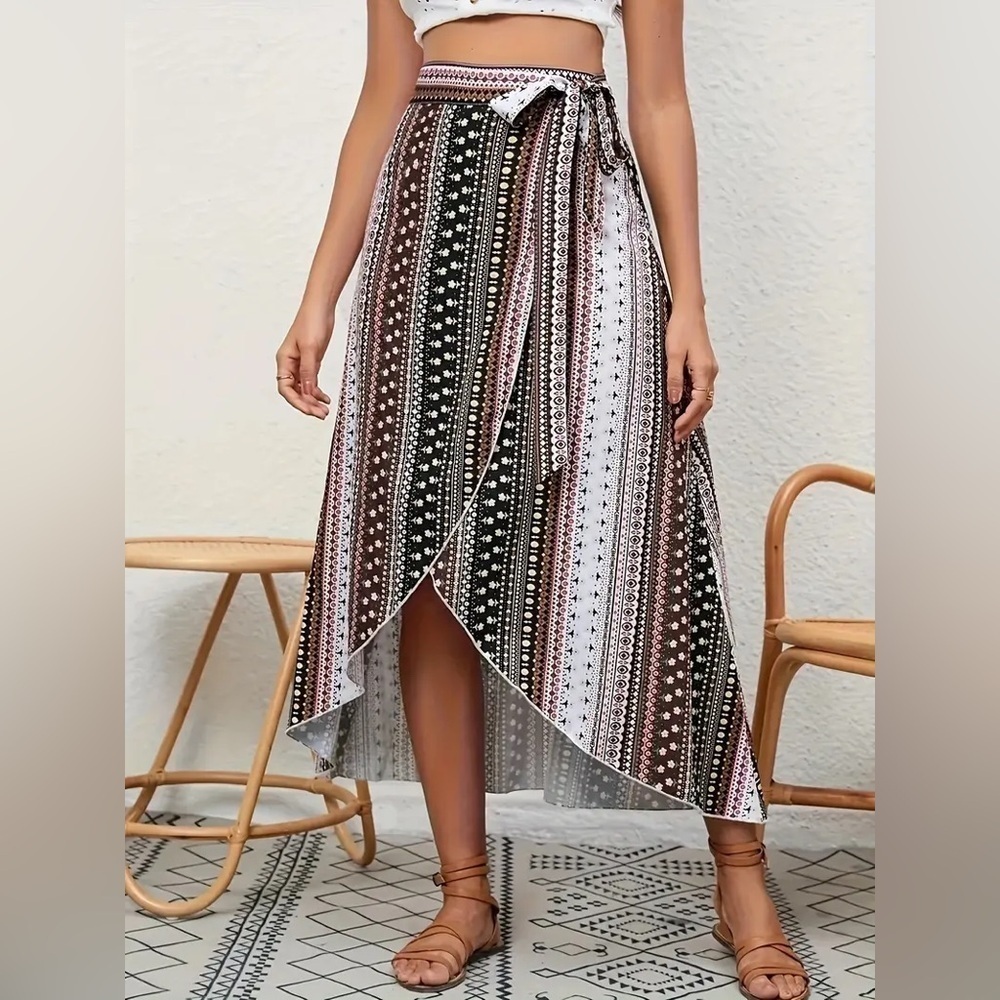 Women's True Wrap Maxi Skirt White Black Brown Pink Floral Geometric Boho Gypsy